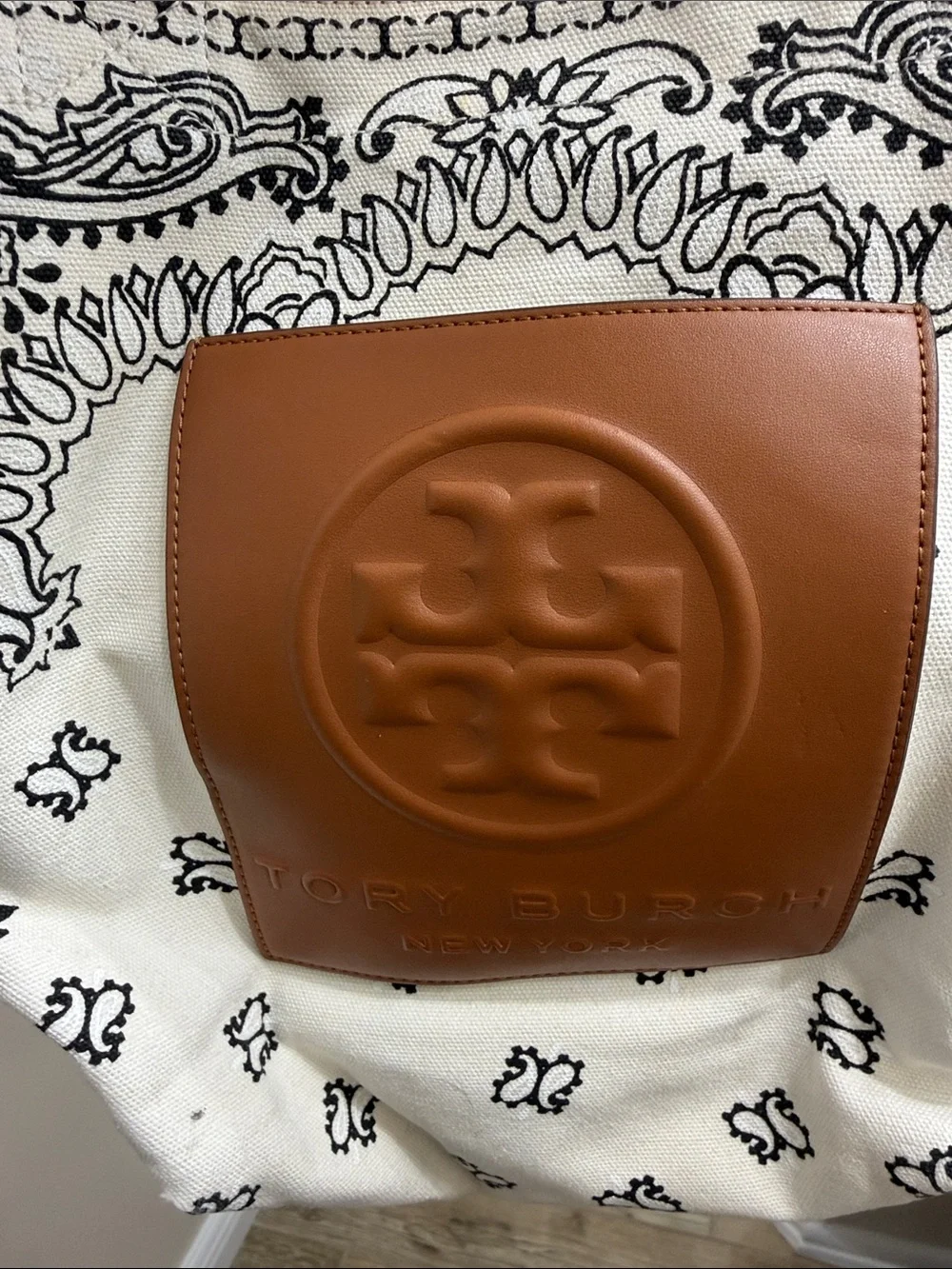 Tory Burch Cream Bandana-Print Canvas Tote with Tan Leather Logo Patch
